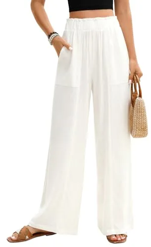 PASUDA Pantalones Mujer Verano de Lino Anchos Pantalones Casuales Fluido Largo Pantalones Cintura Alta Elástico con Bolsillos Pantalón Comodo Ligeros Verano Frescos (Blanco, S)
