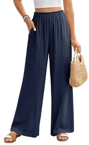 PASUDA Pantalones Mujer Verano de Lino Anchos Pantalones Casuales Fluido Largo Pantalones Cintura Alta Elástico con Bolsillos Pantalón Comodo Ligeros Verano Frescos (Azul Marino, L)
