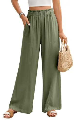 PASUDA Pantalones Mujer Verano de Lino Anchos Pantalones Casuales Fluido Largo Pantalones Cintura Alta Elástico con Bolsillos Pantalón Comodo Ligeros Verano Frescos (Verde, M)