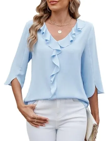 ROFUSSO Blusa Mujer Elegantes Blusas de Manga Larga Blusa de Negocios 3/4 Manga V-Cuello Ruffle Tops Blusa Casual Verano(Azul Claro,S)