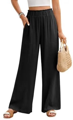 PASUDA Pantalones Mujer Verano de Lino Anchos Pantalones Casuales Fluido Largo Pantalones Cintura Alta Elástico con Bolsillos Pantalón Comodo Ligeros Verano Frescos (Negro, XXL)