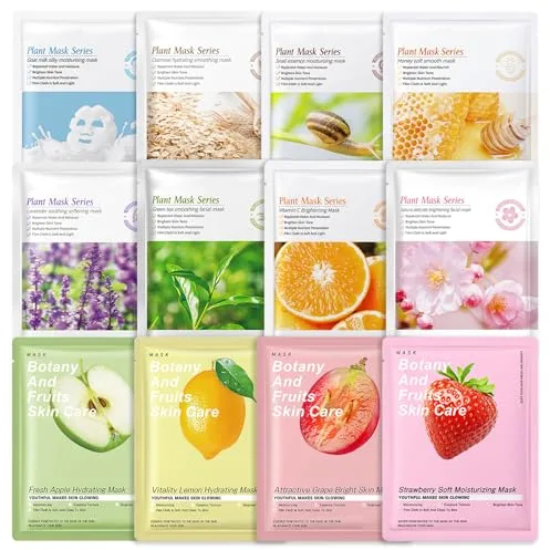 12 Piezas Mascarilla Facial, Mascarillas Hidratantes, Mascarilla de Nutre Y Calmantes, Skin Care Mascarillas para Mujeres, Los Tipos de Piel