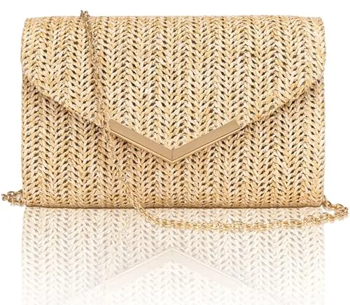 Larcenciel Bolso Mujer Paja, Bolsos Mujer Verano Playa con Cadena Desmontable, Elegante Sobre Rafia Clutch, Boho Bolso Fiesta, Casuale Bandolera Cartera de Mano para Verano Bodas Vacaciones 20x13x6CM