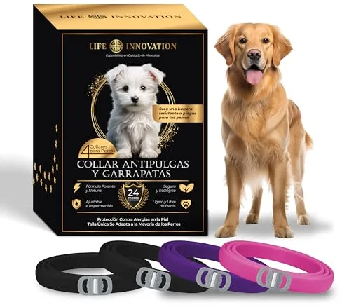 Pack 4 Collares Antiparasitarios para Perros, 24 Meses de Protección contra Pulgas, Garrapatas y Mosquitos - 100% Natural, Impermeable, Ajustable, para Todos los Tamaños.