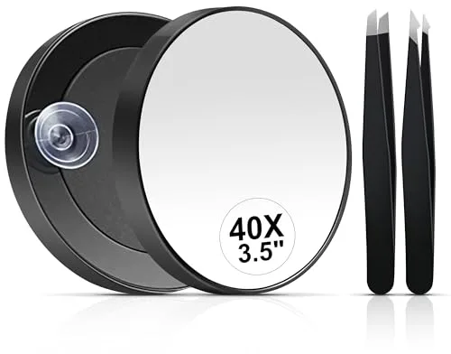 Miyadiva Espejo de aumento 40X, compacto redondo de 3.5 pulgadas con ventosa, pinzas de acero inoxidable, ideal para maquillaje, cejas y barbas