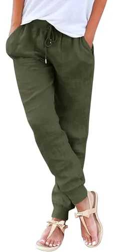 Yuson Pantalones de Lino Palazzo Alta Cintura Cómodos Rectos Ligeros Casuales con Bolsillos y Cordón