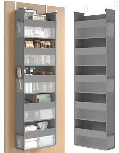 SONGMICS Organizador Colgante, Estante de Colgar, Organizadora de Puerta, Almacenamiento de Tela, Red de Nylon Transparente, Plegable, Ganchos de Metal, Bolsillos Laterales, Gris Paloma RDH007G01