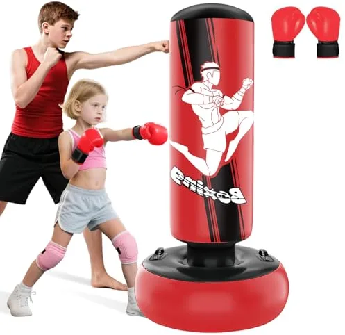 JUOIFIP Saco Boxeo Niños, Punching Ball 160cm Inflable con Guantes de Boxeo para la práctica de MMA Karate Taekwondo, Regalo Ideal para Niños y Niñas de 6-12, Rot