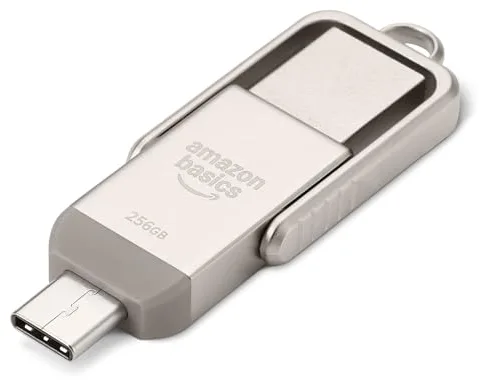 Amazon Basics Memoria USB, Memoria Portátil con Puertos USB C y USB A Duales, 256GB, Color Champán Plateado