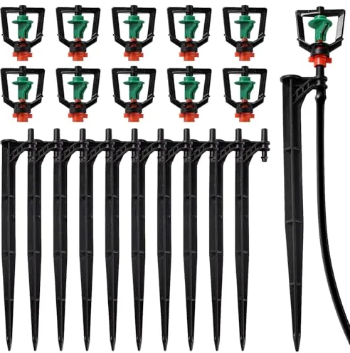VooGenzek 10 Piezas Microaspersor y 10 Piezas Estacas de Apoyo, Aspersores Giratorios de 360 Grados, Boquilla de Pulverización de Refracción, Aspersores de Riego Colgantes, para Granja