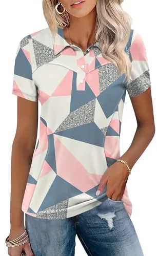 IECCP Camisetas Polo de Golf para Mujer de Manga Corta de Algodón con Cuello Ligeras que Absorben la Humedad Camiseta de Verano para Trabajo Casual Tops 2025, Floral Rosado, M