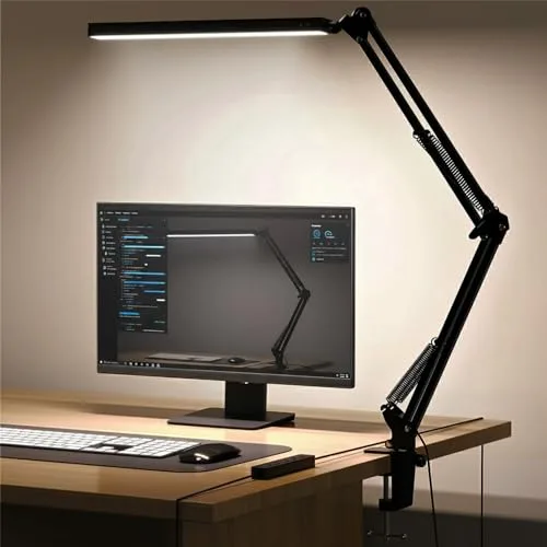 Flexo LED Escritorio con Pinza 12W, Lámpara Arquitecto Potente 1200LM para Estudiar y Teletrabajo, Luz de Mesa Regulable con Brazo Articulado, Cuidado Ocular para Leer,Manicura,Costura y Tareas, Negro