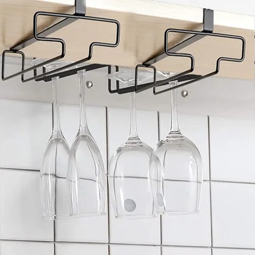 Vastsea 2 Soportes para Copas de Vino Bajo el Armario, Copas de Vino de Metal Organizador, Soporte para Copas de Vino, para Bar Restaurante Cocina (Negro)