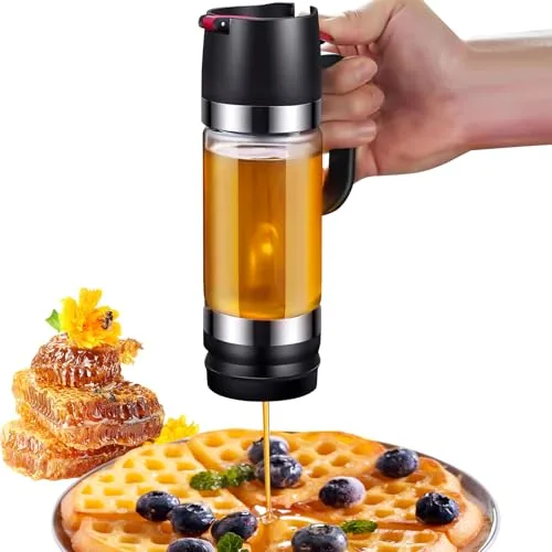 350ML Dispensador de jarabe de vidrio,Dispensador Miel 12.3oz, Tipo Prensa, Dosificador para miel antigoteo con mango, para Almacenamiento Y Dispensación De Miel Y Jarabe Juego