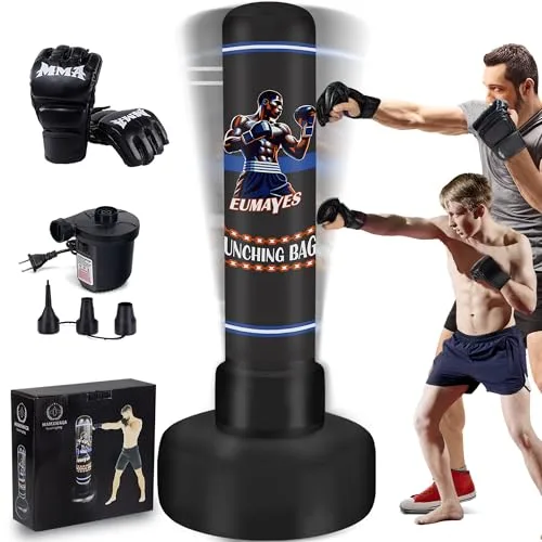 Saco de Boxeo de pie para Adultos, 180cm Saco de golpeo de pie con Guantes de Boxeo y Bomba de Aire eléctrica, Sacos de Kickboxing Inflable para Entrenamiento MMA Muay Thai Fitness