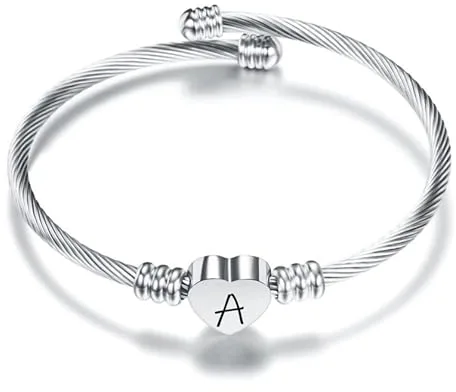 Suonie Plata Amor Corazón 26 Letra Inicial Alfabeto A-Z Pulsera Joyería Regalo Ajustable Para Hija Hijo Hermanas Amigos Madre Colega Amante Cumpleaños Navidad (A)