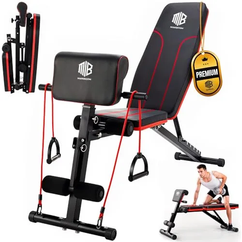 ManiBoom Banco Musculación PLEGABLE Multifuncional con 7 Posiciones Ajustable CARGA 250kg - Banco de Pesas con 2 Bandas de Entrenamiento y Cojín para Bíceps - Banca para Gym en Casa