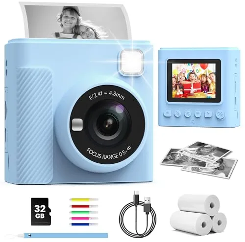 TIATUA Camara Fotos Infantil Instantanea, 2,4 Pulgada 1080P Cámara de Fotos Instantánea con Tarjeta de 32 GB y Papel Fotográfico, Regalo para Niños de 3 a 12 Años