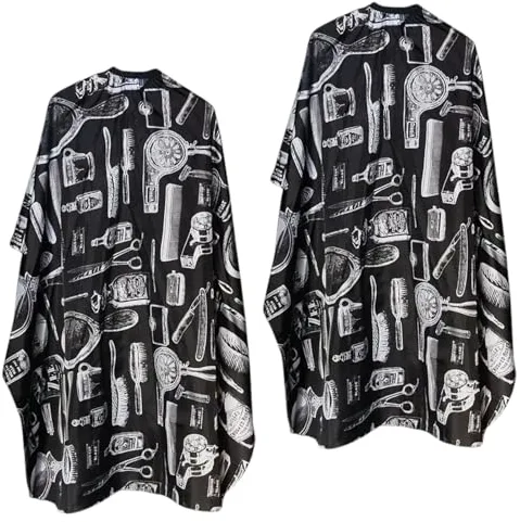 LUFFLOK 2 Piezas Capa de Barbero, Bata de Peluquería Stamp Duty, Capa de Salón de Peluquería, Capas Impermeable para Barbero, Capas Profesional para Estilizado de Cabello, Corte y Coloración (Negro)