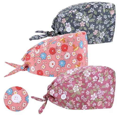 3 Piezas Gorro Quirofano Mujer Gorros de Trabajo con Botones Capuchas Ajustables con Banda para el Sudor Gorro Cocinero Cocina con Bolsa de Cola de Caballo Gorros de Ducha Quirofano Mujer