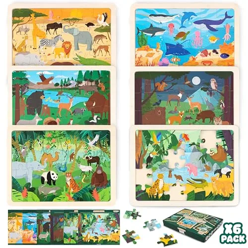 BONNYCO Puzzle Madera para Niños 6 Sets 24 Pcs, Animales de Diferentes Ecosistemas. Puzzles Infantiles con Tablero, Juguetes Educativos, Regalos para Niños 3 a 8 Años, Navidad