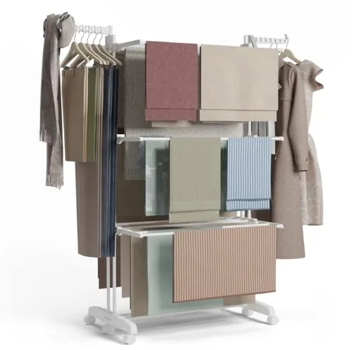 NEWTECK NEWLUX -Tendedero Vertical Plegable XXL Bastion V40 Blanco con Ruedas, 4 Niveles Dobles + Zapatero y 18,5m de tendido. Tendedero Plegable con Soporte para Perchas. Ideal como Perchero