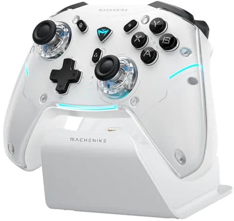 Machenike G5PROMAXSE Mando PC Gaming Inalambrico con Base de Carga, Hall Joystick Hall Trigger, Gamepad Mando Bluetooth para STEAM/PC/Switch/iOS/Android, Turbo/Vibración (Blanco)