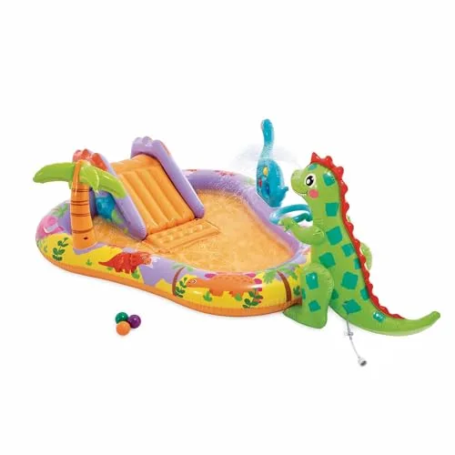 Intex Centro de Juegos acuático Dino Park, 201x157x69 cm, Dinosaurio Hinchable, Tobogán con Base Acolchada, Rociador de Agua, Juego de Bolas (Incluidas), 54 kg máx., +2 años, Kit reparación (56139)