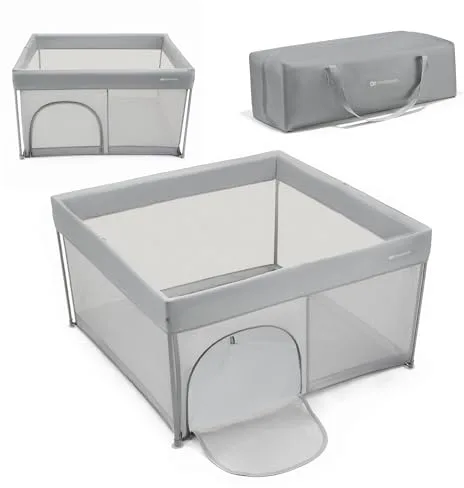 Kinderkraft ZIKI Parque Infantil, Resistente y Seguro para Bebés y Niños Hasta 4 Años, Centro de Actividades, Plegable Rápidamente, Incluye Bolsa de Transporte, Lados de Malla Transpirable, Gris