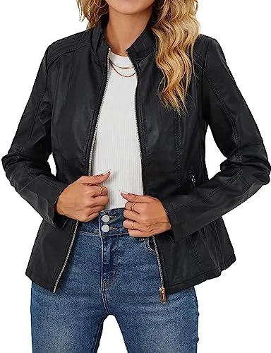 Giolshon Chaquetas de cuero de imitación para las mujeres de la motocicleta Ropa de Otoño Abrigo 37 Negro S