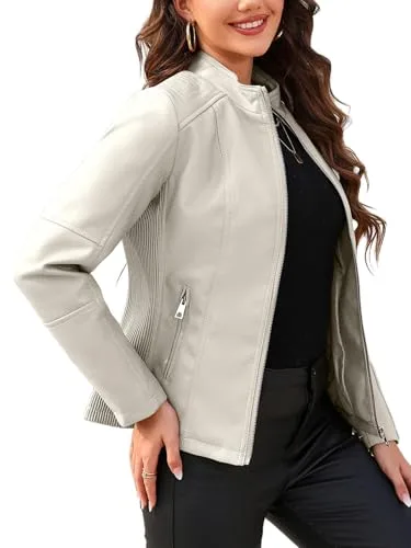 Giolshon Chaquetas de cuero de imitación para las mujeres de la motocicleta Ropa de Otoño Abrigo 37 Beige XL