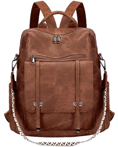 Leathario Mochila Mujer de Cuero PU con Multibolsillos, Mochila Casual y Funcional para Uso Diario, Viajes, Escuela y Universidad Marrón Oscuro