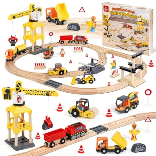 Lehoo Castle Tren Madera Juguete, 68 Pcs Tren Electrico para Niños con Gruas, Juguetes de Construcción, Regalo