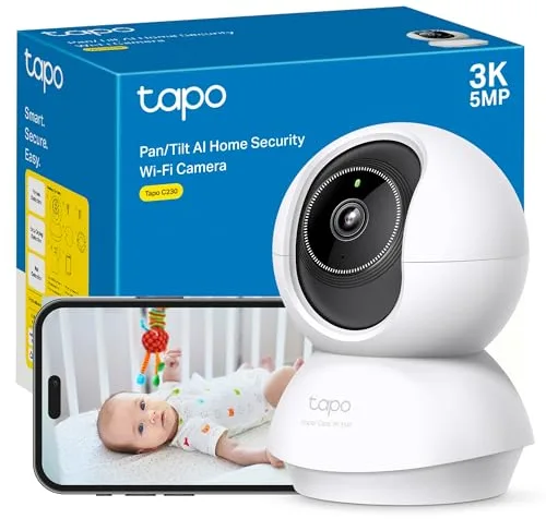 Tapo C230 - IA Cámara Vigilancia 360°, 3K 5MP, Alarma Sonora/Luz, Visión Nocturna, Audio Bidireccional, AI Detección Movimiento, Control Google/Alexa, Tarjeta SD hasta 512G, Fácil configuración