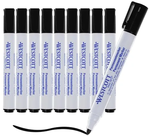 Westcott Rotuladores permanentes, 10 unidades, negros, Rotuladores resistentes al agua, Punta redonda de 1,5-3,0 mm, Recargables, resistentes a la luz, secado rápido, E-713005 00