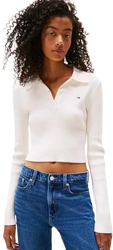 Tommy Jeans Jersey Mujer Essential Polo Cropped, Marfil (Ancient White), M