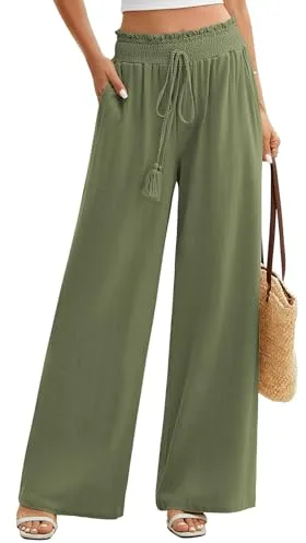 PASUDA Pantalones Mujer Verano Pantalon Ancho de Lino y Algodón de Cintura Alta Pantalón Elástico Causal Yoga Pantalones Fluido Cómodos Ligero Playa con Bolsillos (Verde Oliva, M)