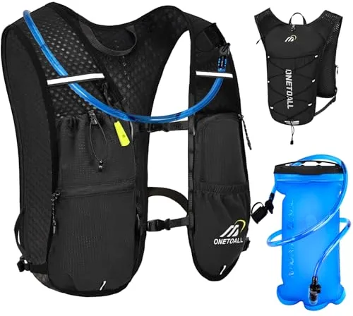 ONETOALL Chaleco Running Hombre Mujer, Ligero Mochila Hidratacion Trail Running, Chaleco para Correr con Bolsa Agua 2L, Silbato y Reflectante para Ciclismo Senderismo