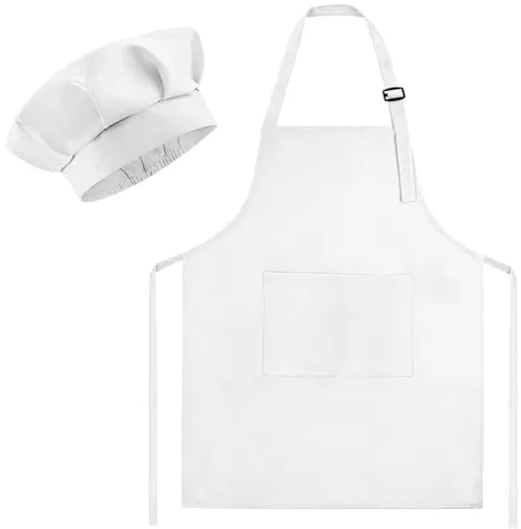 Morcheiong Juego de gorro y delantal de chef para niños, delantal de pintura ajustable blanco con 2 bolsillos grandes, cocina, pintura, horneado, 23.5" x 18.3"