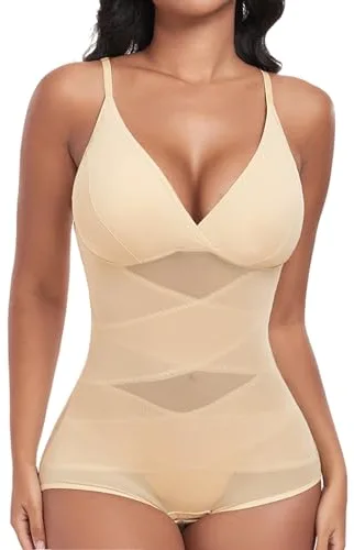 Niwicee Body Moldeador Mujer Fajas Reductoras Shapewear Cruz de Malla Control de Abdomen Bodysuit Body Shaper Reductor Invisible Posparto con Almohadillas Extraíbles Bodysuit(Beige,L)