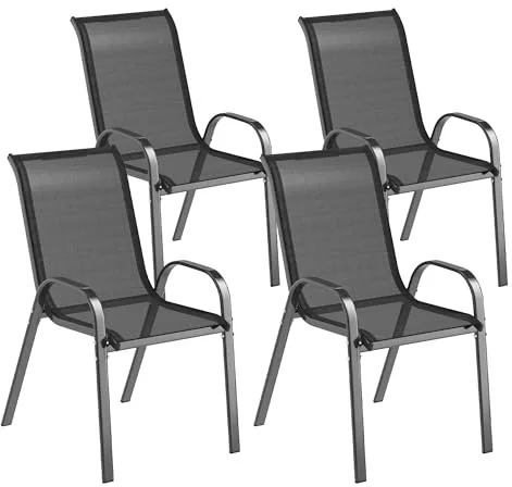 Outsunny Juego de 4 Sillas de Jardín Exterior, Sillas Terraza Exterior Apilables, Sillas de Jardín con Tela Transpirable, Marco de Acero, Reposabrazos y Respaldo, 54x71x93 cm, Negro