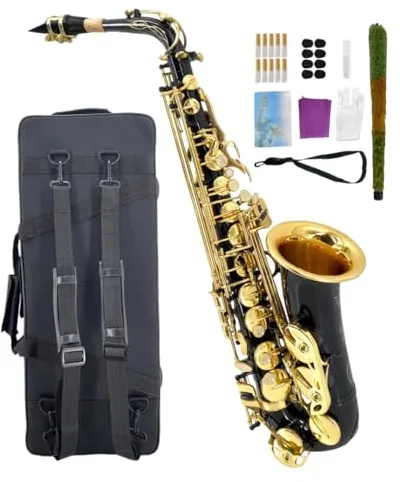 WUQIMUSC Saxofón alto Eb para principiantes, kit completo de saxofón con funda dura, boquilla, correa para el cuello, lengüetas, kit de limpieza, ideal para estudiantes y profesionales (negro)