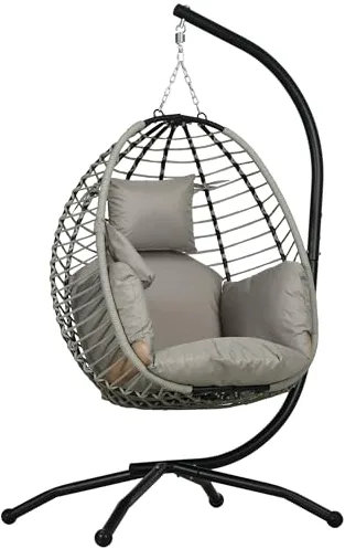 Outsunny Silla Colgante Huevo con Soporte Columpio de Jardín Exterior con Cesta Plegable Reposacabezas Cojín Bolsillo Lateral Columpio Colgante para Interior y Exterior Carga 120 kg Gris