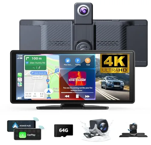 10.26" Wireless Carplay Screen 360 Rotation 4K Dash Cam with Auto Stereo Audio Receptor, 1080p Backup Camera, GPS Navegación, Espejo Link, Voz y Siri