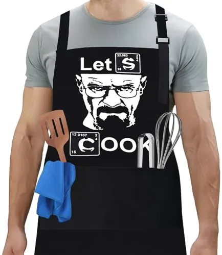 flintronic Delantales de Barbacoa para Hombre, Delantales de Cocina con Correa para el Cuello Ajustable, Impermeable Chef Delantal con 3 Bolsillos, Delantal de Trabajo Práctico para Cocina, Jardinero