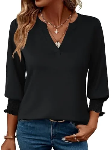 Rapbin Blusa para mujer de manga 3/4 con cuello de pico, túnica, holgada, elegante, informal, Negro , XL