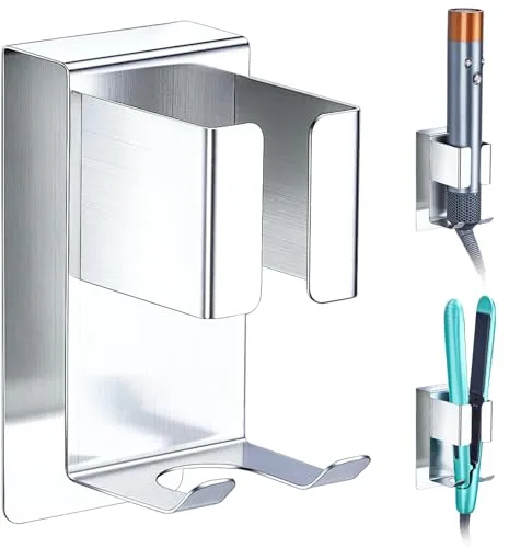 YYBO Soporte Plancha Pelo, soporte secador de Pelo y plancha, Soporte Pared para Secador de Pelo, Varios Rizadores de Pelo, Planchas, Plata