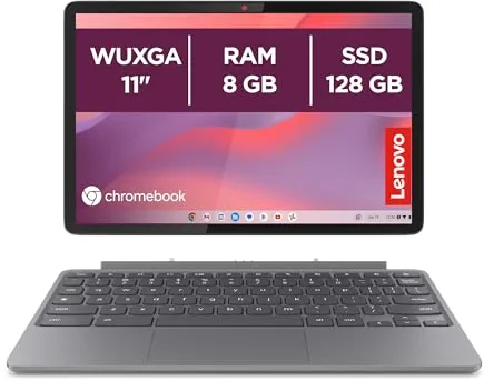 Lenovo Chromebook Duet 11 Gen 9 - Ordenador Portátil 11" WUXGA Táctil + Lápiz Incluido (MediaTek Kompanio 838, 8GB RAM, 128GB Emmc, ChromeOS) Gris QWERTY + 3 Meses Google AI Pro con Gemini Pro y 2TB