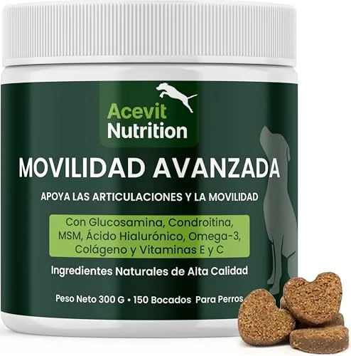 Condroprotector Perros, 150 uds, 100% Natural, Articulaciones y Cartílagos, Antiartrosis con Glucosamina, Condroitina, MSM, Ácido hialurónico, Colágeno, Omega 3 y 6, Vitaminas C y E