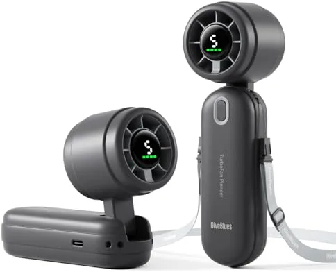 Diveblues iTurbo Ventilador portátil de Mano, alta velocidad de 9 m/s, 5 velocidades, pantalla LED, 3 en 1, de mano, cuello y mesa, miniventilador para viajes, playa, trabajo y exteriores